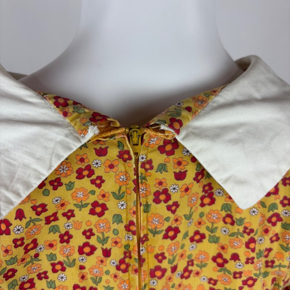 Vintage 60s Mod Mini Dress Womens Small Yellow Floral Peter Pan Collar Handmade - Picture 11 of 11